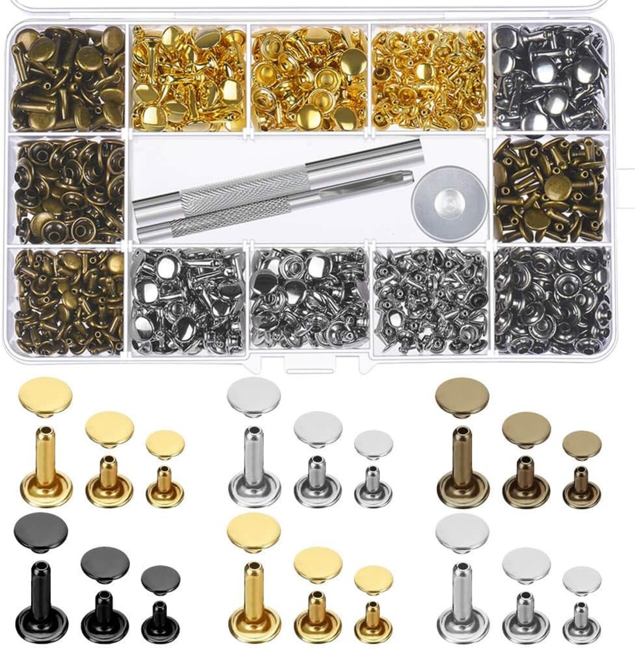 480 Sets 3 Sizes Leather Rivets Double Cap Rivet Tubular Metal Studs with 3 Pieces Setting Tool Kit for Leather Craft Repairs Decoration, 4 Colors